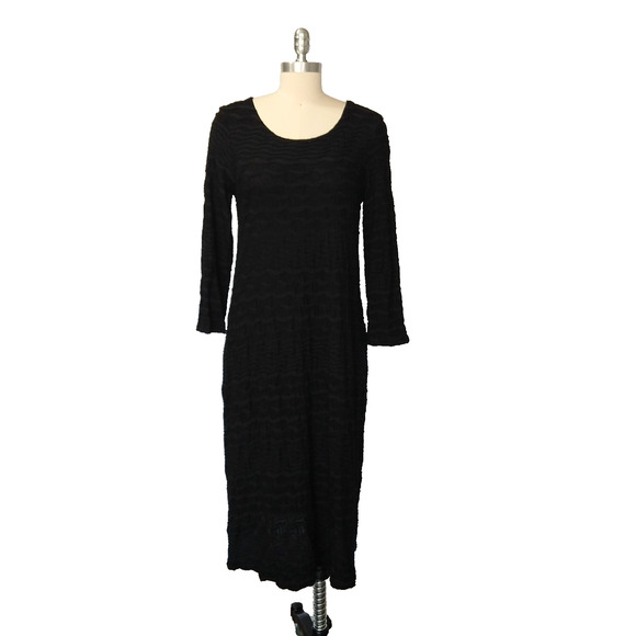 Tianello Black Midi Dress Size S Textured Knit Scoop Neck Long Sleeve Gothic - Picture 1 of 7